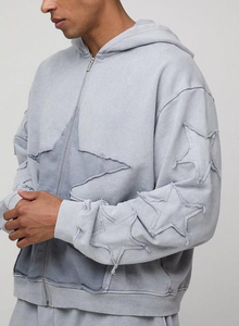 <b>Men's</b> OEM Fashion Hoodie Oversized Boxy <b>Short</b> <b>Zip</b> up Hooded Acid Wash Polyester / Cotton Hoodie and <b>Shorts</b> Set - Product Image 3
