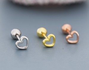 Pendientes de Plata de Ley 925 con corazón abierto pequeño y tornillo plano, tachuelas, diseño minimalista geométrico, joyería, regalos de bellas artes para mujeres - Product Image 2