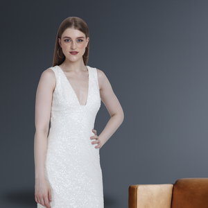 Vestido de noche con cuentas a mano y acabado elegante superior con cuello en V sin mangas, aspecto brillante, perfecto para eventos de ceremonia y espectáculo - Product Image 4