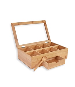 Boîte à thé - Organisateur de rangement pour sachets - Coffret en bois de bambou - Contient 8 compartiments - Livré avec un tiroir - Product Image 1