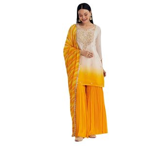 Mostaza Ombre Leheriya Kurta Sharara Conjunto con Lentejuelas Cutdana Trabajo y Dupatta para Fiesta de Boda Festiva - Product Image 2