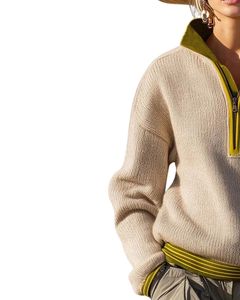 Manufacturer Womens Quarter Zip Knit Sweater Beige <b>With</b> Olive Green Contrast Collar Soft Knit Winter Casual Pullover OEM Custom - Product Image 3
