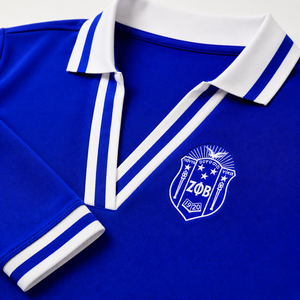 Polo pour homme Zeta Phi Beta, rayures bleues et blanches, col en V, tricot piqué, blason brodé, vêtements grecs personnalisés, vente en gros - Product Image 6