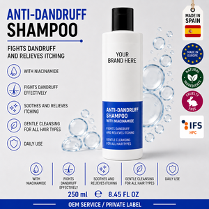 Shampoo antipelliculaire en marque propre 250ml OEM |   Shampoo anti-démangeaisons à la niacinamide pour le contrôle du sébum, cheveux gras |   Espagne UE - Product Image 1
