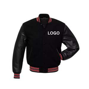 Logotipo personalizado de los hombres Letterman Varsity chaqueta bordado Stand Collar recubierto mangas de cuero de invierno negro College Baseball Front - Product Image 2