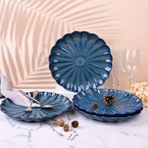 Modern Teal Blue Flower-Shaped <b>Ceramic</b> <b>Plates</b> Set 4 10.5 Inch Wedding <b>Plate</b> for Parties Events Customizable for Hotels Kitchens - Product Image 1