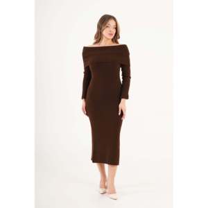 Vestido Midi de Punto con Cuello Madonna en Color Marrón para Mujer, Elegante, al por Mayor, Mezcla de Acrílico, Talla Estándar, Ropa de Invierno - Product Image 2