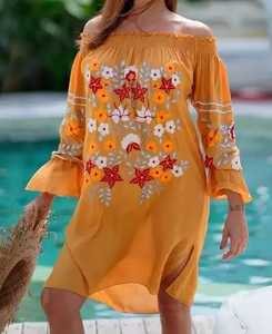 ออกแบบใหม่2023เย็บปักถักร้อยผู้หญิงปิดไหล่ปักสีเหลืองแขนกุดมินิความยาวชุดเม็กซิกัน - Product Image 2