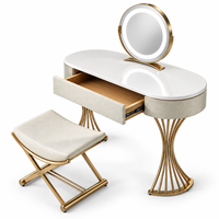 Ensemble de table de maquillage blanche de luxe avec miroir rond LED, tiroirs de rangement, tabouret rembourré, taille et couleur personnalisées, garantie de 2 ans