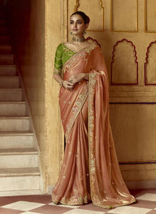 Tissu de dentelle contrastée brodé à la main en soie pure extensible et écologique exclusivement conçu pour tous les groupes ethniques - Product Image 2