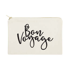 กระเป๋าเครื่องสำอางผ้าลินินรักษ์โลก Bon Voyage แบบพกพา กระเป๋าผ้าแคนวาสใส่เครื่องสำอางพร้อมซิปปิด ลายตัวอักษร ของใช้จำเป็นสำหรับการเดินทาง - Product Image 1