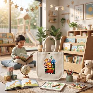 Petit sac en toile imperméable pour enfants Little Safari, motif animal, poignée longue, impression sérigraphique, sac en coton pour cadeaux et artisanat - Product Image 6