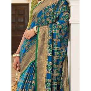 Sari de mariage en soie tissée Patola bleue, magnifique robe de mariée - Product Image 3