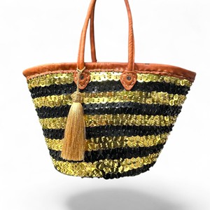 Sac fourre-tout en paille noir et or à sequins avec poignée en cuir, ouverture supérieure, style bohème marocain, pour l'été et le printemps, sac de plage unisexe - Product Image 2