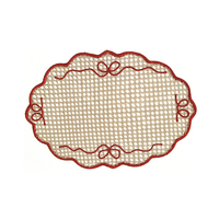 Set de table ovale en jonc de mer tissé à la main avec nœud brodé rouge / Set de table décoratif à bord festonné pour repas et fêtes