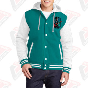 Men's Stylish Warm Varsity Jacket with Hood 100% Cotton Fleece Embroidered Technics Digital Printing Plain Dyed for Winter - Product Image 2