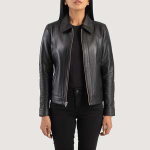 Vixen Black Classic Collar <b>Sheepskin</b> Moto Biker <b>Jacket</b> with Quilted Lining for Autumn Season - Product Image 1