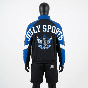 Conjunto Corto de Chaqueta Cortavientos de Poliéster, Ligero, de Secado Rápido, Diseño de Paneles en Negro y Azul, Impresión de Logotipo Personalizado, Conjunto de Chaqueta Cortavientos y Pantalones Cortos para Hombre - Product Image 2