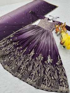 Ensemble Anarkali de luxe violet royal brodé Unity avec dupatta – Tenue de fête haut de gamme en mousseline longue et respirante - Product Image 6