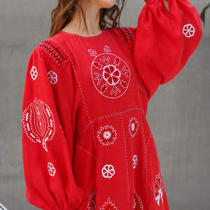 Robe longue écologique Aari décontractée, caftan en coton rouge brodé sur le devant, vêtements de plage d'été décontractés lavables au meilleur prix - Product Image 1