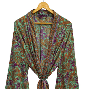 Vêtements de plage chemise kimono en soie pour femme multicolore doux et vêtements de maison chemisier en soie multicolore tunique kimono courte enveloppante - Product Image 1
