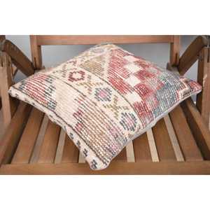 Beige Wool Kilim Patchwork Pillow 14x14 Inch Luxurious Vintage <b>Fluffy</b> Embroidered Rustic Throw Pillow for <b>Bedding</b> or Floor Use - Product Image 4