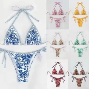 Expédition rapide Ensemble de bikini micro mini floral extrême, Maillot de bain sexy, String en V, Logo personnalisé, Maillot de bain perlé - Product Image 2