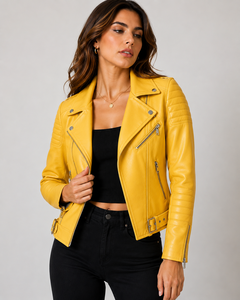 Yellow PU <b>Leather</b> Biker <b>Jacket</b> Women Zipper Slim Fit Short Bomber <b>Jacket</b> Quilted Sleeve Casual Autumn <b>Winter</b> - Product Image 1