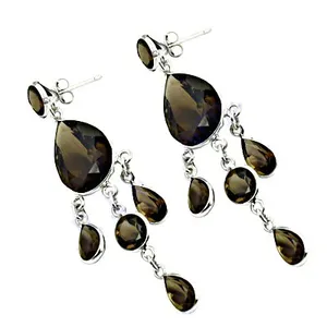 Boucles d'oreilles pendantes en argent 925 plaqué or 18 carats avec quartz fumé pour femmes, pour mariages et fêtes, avec diamant moissanite et perle - Product Image 2