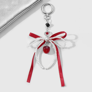 Xuyên biên giới phổ biến rượu vang đỏ ruy băng bắt chước ngọc trai nơ anh đào móc khóa sàng trái tim niêm phong túi thời trang mặt dây chuyền móc khóa - Product Image 5