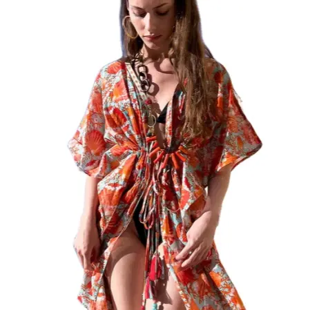 Áo Kaftan Ngắn Tay Ngắn In Họa Tiết Dây Rút Phía Trước Mở Phong Cách Thường Ngày Cho Nữ Chiều Dài Nhỏ