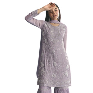 Venta al por mayor de traje lavanda Chinon Kurta Sharara con Moti Work para fiesta de boda, recepción festiva y pedidos étnicos personalizados - Product Image 4