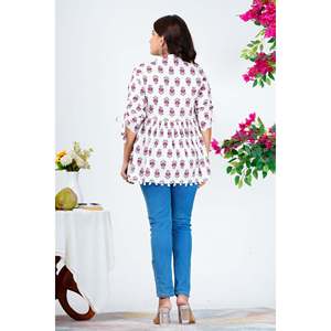 Blusa Peplum de Algodón Estampada para Mujer, Mangas 3/4, Estilo Casual Étnico, Talla XL, Tejido Popelina Transpirable, Patrón Floral Bordado - Product Image 4