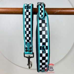New Arrive Checkerboard Pattern Hand Tooled Leather Dog Leash & Collar Traffic Lead Sets Suitable for Small & Medium-Sized Dogs - Product Image 1
