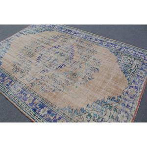Turkish Large Rug 6.2x8.9 ft, Blue <b>Brown</b> Ikat Rug <b>Wool</b> - Product Image 4