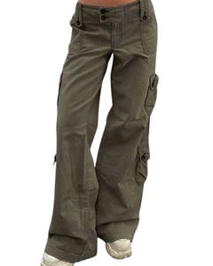Pantalones Cargo Verde Oliva para Mujer, Cintura Alta, Pierna Recta, Estilo Utilitario, Ropa Casual de Calle, Pantalones de Moda con Múltiples Bolsillos - Product Image 2