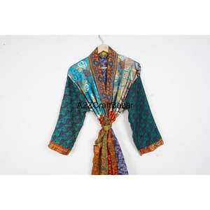 Robe longue bohème en soie pour femme, imprimé patchwork, col en V, cordon de serrage, manches longues, respirante, élégante, vêtements de plage d'été - Product Image 2