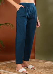 Pantalon en coton slub bleu sarcelle respirant pour femmes avec poche pratique, coupe régulière, pour le travail, les voyages, le quotidien - Product Image 3