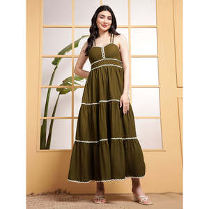DEEBACO Vestido de Rayón Liso Color Oliva para Mujer, con Escote Corazón, Sin Mangas, Corte Ajustado y Evase, Largo Maxi, para Fiesta, Casual, Estilo Western - Product Image 6