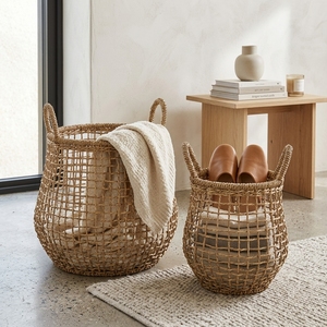 Natural Hand Woven Banana Bark Storage Basket Set Open Grid Mesh Belly Pot Planter Pure Art Arch Handle Decor Setup Room Design - Product Image 6