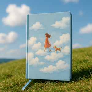 LABON Cloud Walk A5 Linen Notebook Soft Blue Pure White Cover Girl and Dog Walking on Clouds Journal with <strong>Kites</strong> and Ribbon - Product Image 2