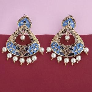 Kriaa Fine Dangle Earrings <b>Blue</b> Meenakari Austrian Stone with Gold Plating Model 1314246F - Product Image 1