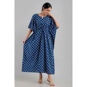 Kaftan de algodón puro con estampado floral azul Maxi Étnico, tamaño libre de la Dress-SHKUP1253 - Product Image 2