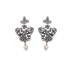 Boucles d'oreilles pendantes à la mode avec motif d'oiseau et de feuille rose et bleu ciel - Product Image 3