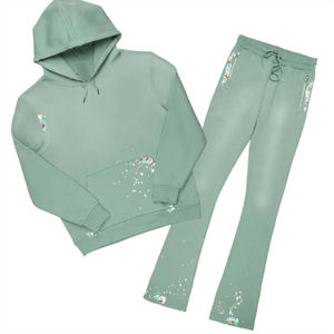 Ensemble jogging en molleton vert uni pour homme, mélange de coton, décontracté, antibactérien, survêtement deux pièces, logo personnalisé, streetwear - Product Image 1