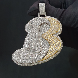 925 <b>Silver</b> Designer Two Tone B <b>letter</b> Pendant Iced Out Diamond Look Hip Hop <b>Necklace</b> Rapper Style Jewelry - Product Image 4