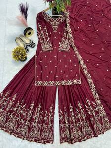 NOUVEAU SHARARA avec PLAZZO et KURTA TOP SALWAR KAMEEZ TRADITIONNEL POUR FÊTE, DÉTAIL EN CRÊPE ET LACETTE MOTI, Soie Pure - Product Image 6