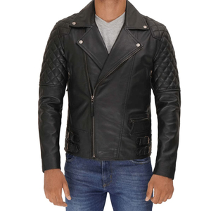 แจ็กเก็ตหนังสีดำมีซิปด้านหน้าสำหรับผู้ชายเสื้อแจ็กเก็ตมอเตอร์ไซค์ปกแบบไม่สมมาตร - Product Image 1