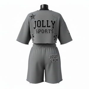 Ensemble court haut et short en molleton de coton et polyester gris premium 320 GSM pour femme, avec logo brodé en appliqué chenille, haut court et short 100 % coton - Product Image 2