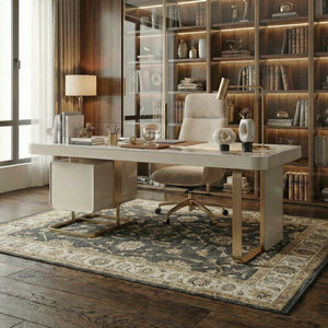 Bureau d'ordinateur de luxe exécutif, plateau en ardoise, structure en métal doré, bureau rectangulaire, DESK-0114 - Product Image 4